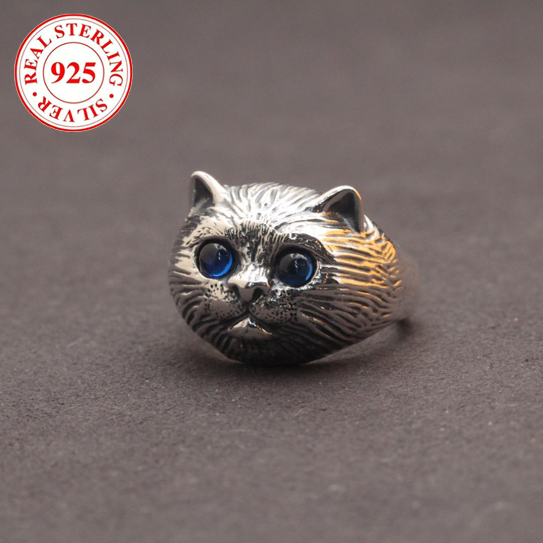 925 silver, vintage silver adjustable ring (US size 7-10), cat head shape, zircon eyes