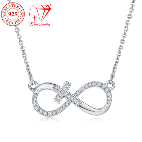 925 sterling silver infinity cross pendant necklace, 36 hand-set moissanite stones, 0.19 ct