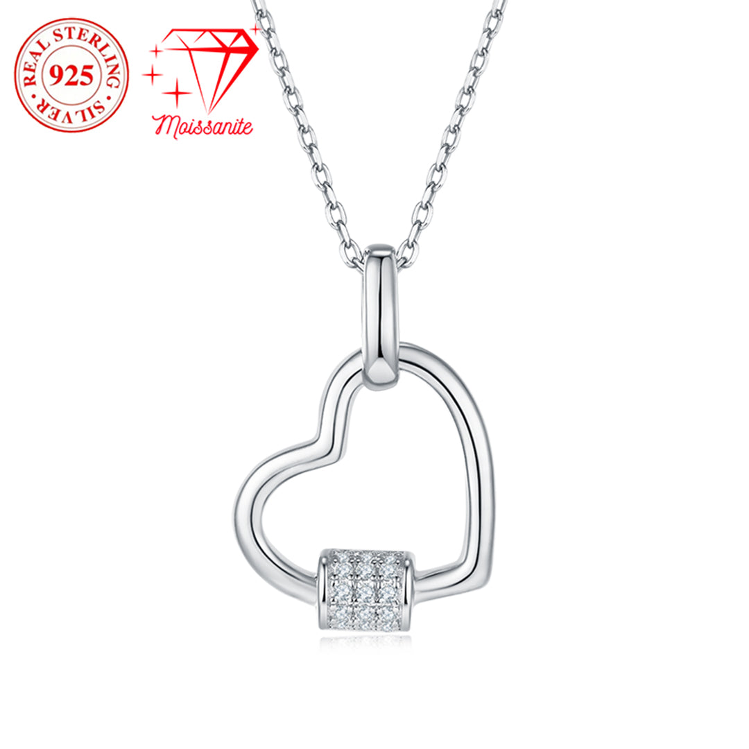 925 sterling silver heart lock pendant necklace, 15 hand-set moissanite stones, 0.1 ct