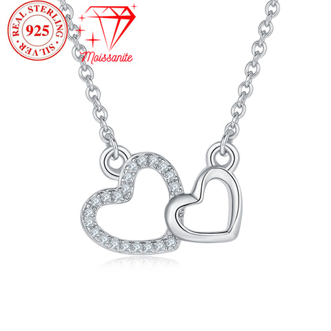 925 Sterling Silver 2 Heart Pendant Necklace, 21 Moissanite Hand-set, 0.1 Carat