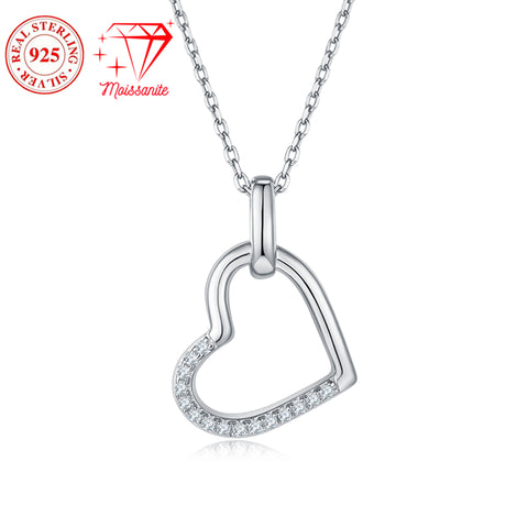 925 sterling silver heart-shaped pendant necklace, 15 moissanite hand-set, 0.1 carat