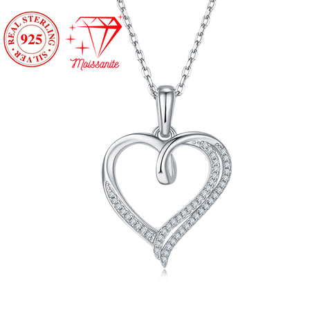 Moissanite 925 sterling silver heart-shaped pendant necklace, 49 moissanite hand-set, 0.15 carat