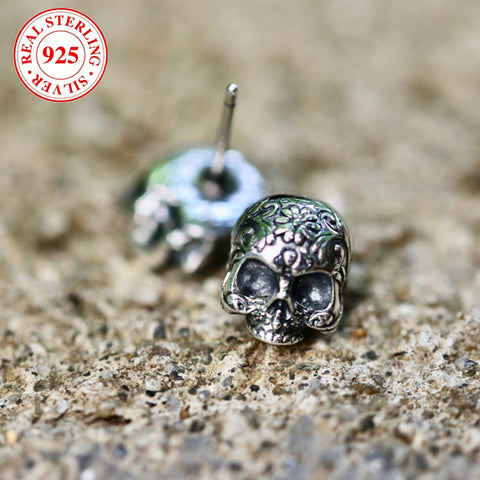 925 Silver Skull Design Earrings, Retro Punk Style Personalized Earrings, 5.5g / 0.19oz