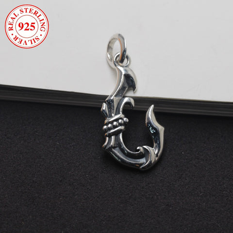 S925 Silver Men's Antique Fishhook Pendant (Chain Not Included), Vintage Casual Wear Pendant, 5.8g/0.2oz