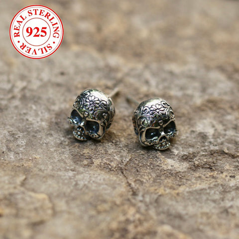 925 Silver Skull Design Earrings, Retro Punk Style Personalized Earrings, 5.5g / 0.19oz