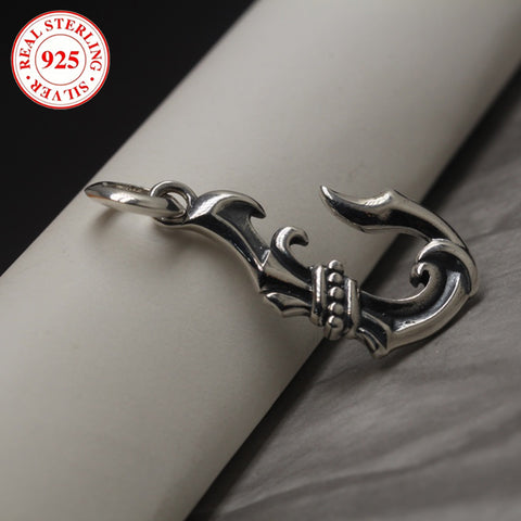 S925 Silver Men's Antique Fishhook Pendant (Chain Not Included), Vintage Casual Wear Pendant, 5.8g/0.2oz