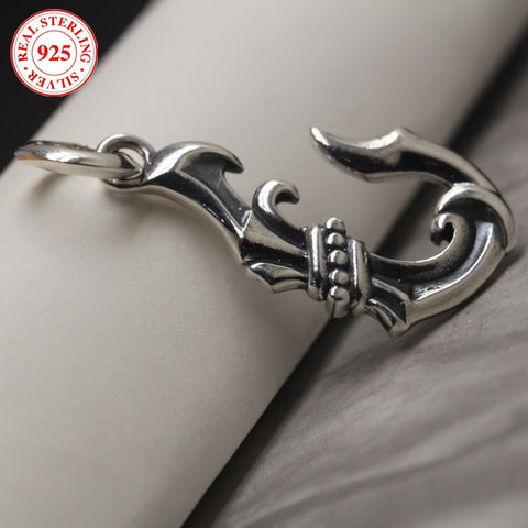 S925 Silver Men's Antique Fishhook Pendant (Chain Not Included), Vintage Casual Wear Pendant, 5.8g/0.2oz