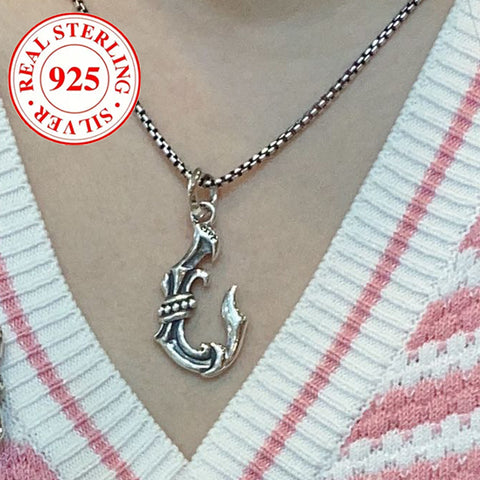 S925 Silver Men's Antique Fishhook Pendant (Chain Not Included), Vintage Casual Wear Pendant, 5.8g/0.2oz