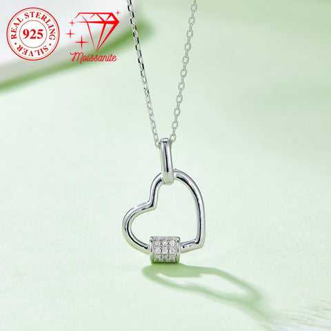 925 sterling silver heart lock pendant necklace, 15 hand-set moissanite stones, 0.1 ct