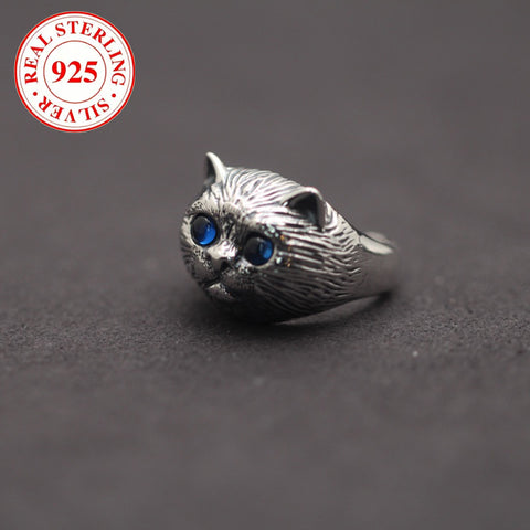 925 silver, vintage silver adjustable ring (US size 7-10), cat head shape, zircon eyes