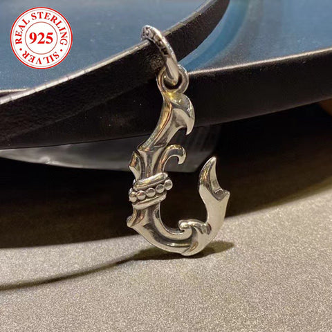 S925 Silver Men's Antique Fishhook Pendant (Chain Not Included), Vintage Casual Wear Pendant, 5.8g/0.2oz