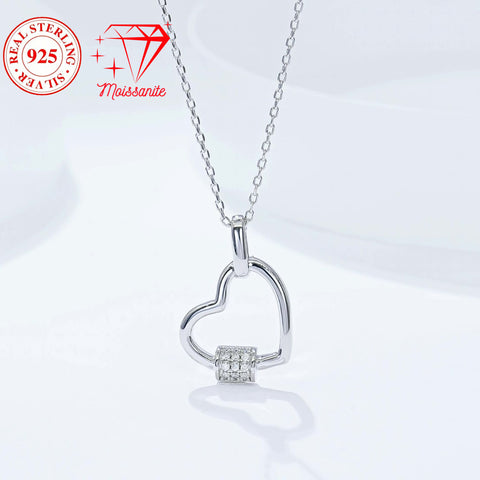 925 sterling silver heart lock pendant necklace, 15 hand-set moissanite stones, 0.1 ct