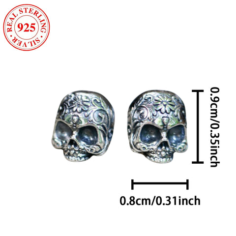 925 Silver Skull Design Earrings, Retro Punk Style Personalized Earrings, 5.5g / 0.19oz