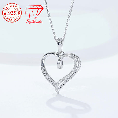 Moissanite 925 sterling silver heart-shaped pendant necklace, 49 moissanite hand-set, 0.15 carat