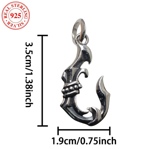 S925 Silver Men's Antique Fishhook Pendant (Chain Not Included), Vintage Casual Wear Pendant, 5.8g/0.2oz