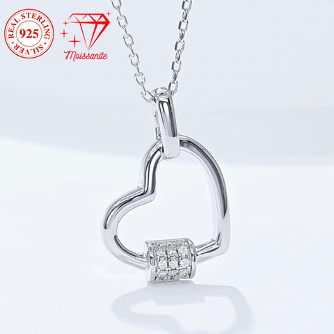 925 sterling silver heart lock pendant necklace, 15 hand-set moissanite stones, 0.1 ct