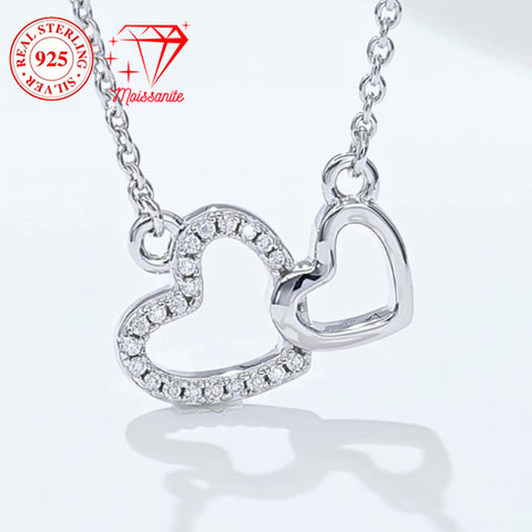 925 Sterling Silver 2 Heart Pendant Necklace, 21 Moissanite Hand-set, 0.1 Carat