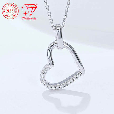 925 sterling silver heart-shaped pendant necklace, 15 moissanite hand-set, 0.1 carat