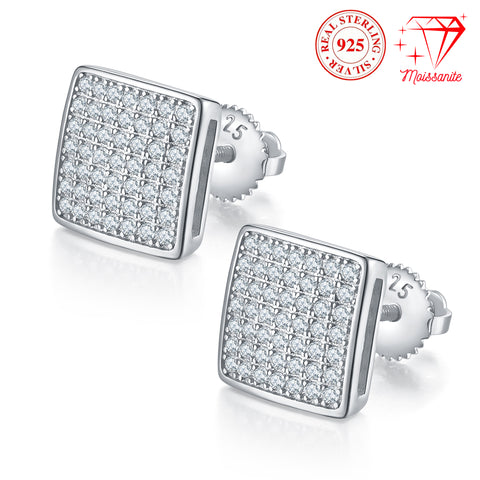 S925 sterling silver square earrings for men and women, stylish and elegant, 98 moissanite hand-inlaid