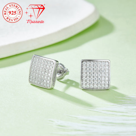 S925 sterling silver square earrings for men and women, stylish and elegant, 98 moissanite hand-inlaid