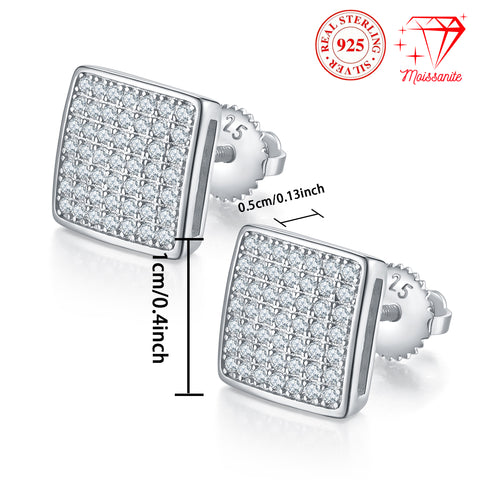 S925 sterling silver square earrings for men and women, stylish and elegant, 98 moissanite hand-inlaid