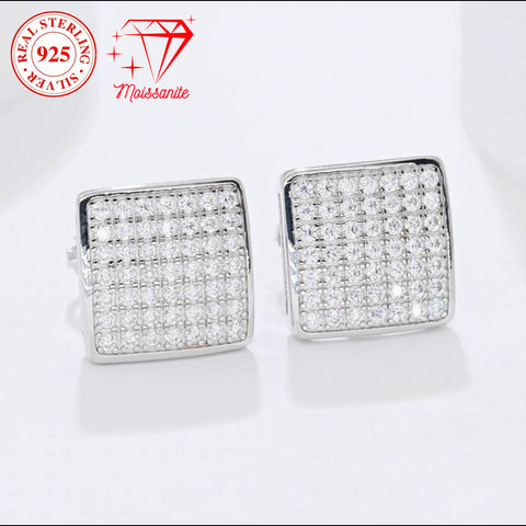 S925 sterling silver square earrings for men and women, stylish and elegant, 98 moissanite hand-inlaid