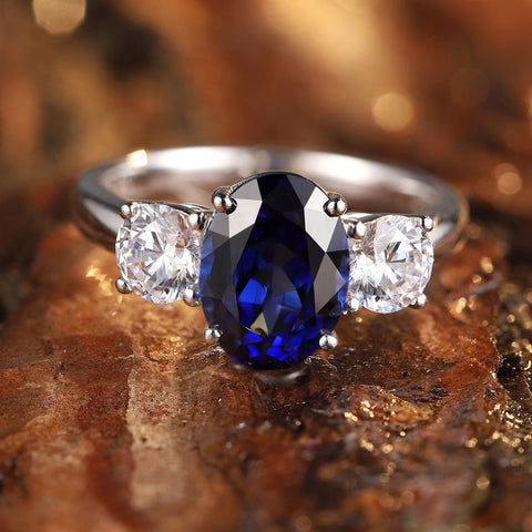 Etoilier Lab Created Sapphire 925 Sterling Silver Three Stone Ring