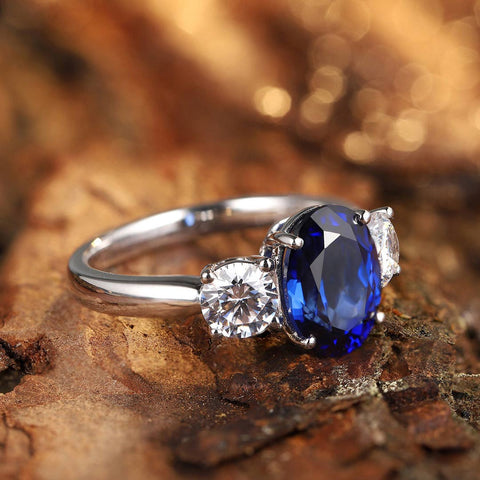 Etoilier Lab Created Sapphire 925 Sterling Silver Three Stone Ring