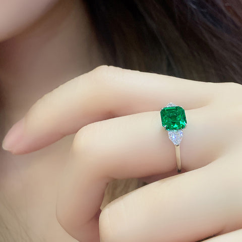 Etoilier Lab Created Emerald S925 Silver Three Stones Ring