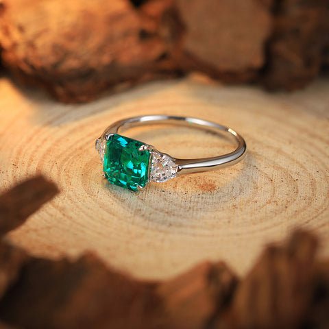 Etoilier Lab Created Emerald S925 Silver Three Stones Ring