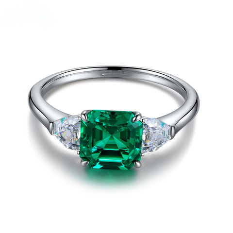 Etoilier Lab Created Emerald S925 Silver Three Stones Ring