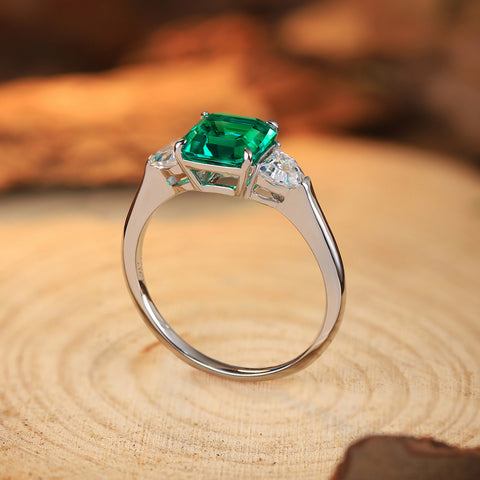 Etoilier Lab Created Emerald S925 Silver Three Stones Ring