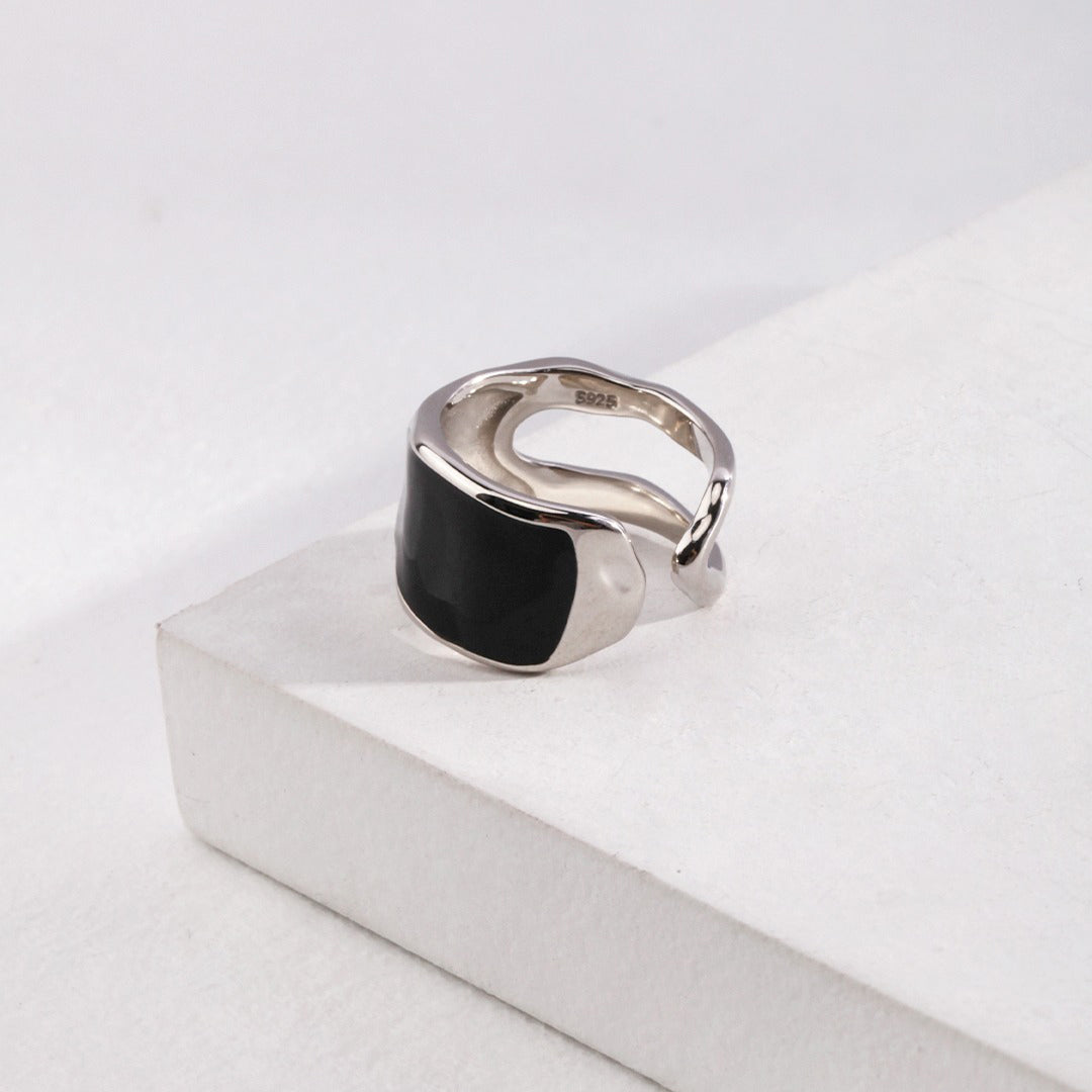 Etoilier 925 Sterling Silver ring Black Drop Glaze Ring Statement Ring Silver/Gold