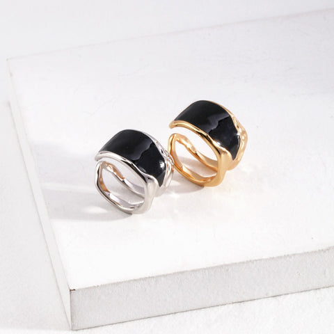 Etoilier 925 Sterling Silver ring Black Drop Glaze Ring Statement Ring Silver/Gold