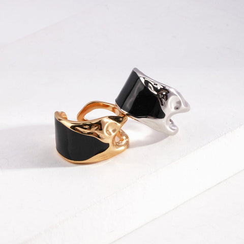 Etoilier 925 Sterling Silver ring Black Drop Glaze Ring Statement Ring Silver/Gold