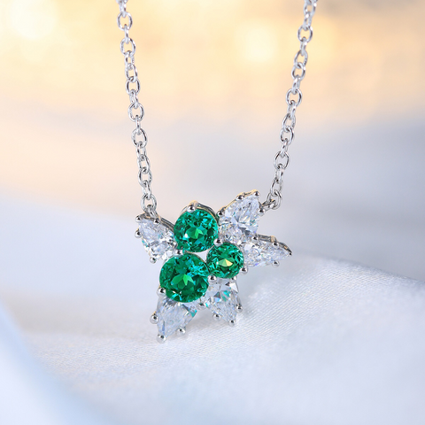 Etoilier Lab Created Emerald 925 Sterling Silver Necklace, Multiple Stones Pendant