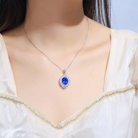 Etoilier Lab Created Cobalt Spinel Necklace, 925 Sterling Silver Pendant Oval Cut