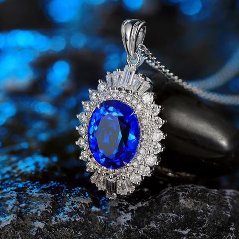 Etoilier Lab Created Cobalt Spinel Necklace, 925 Sterling Silver Pendant Oval Cut