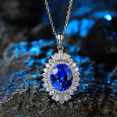 Etoilier Lab Created Cobalt Spinel Necklace, 925 Sterling Silver Pendant Oval Cut