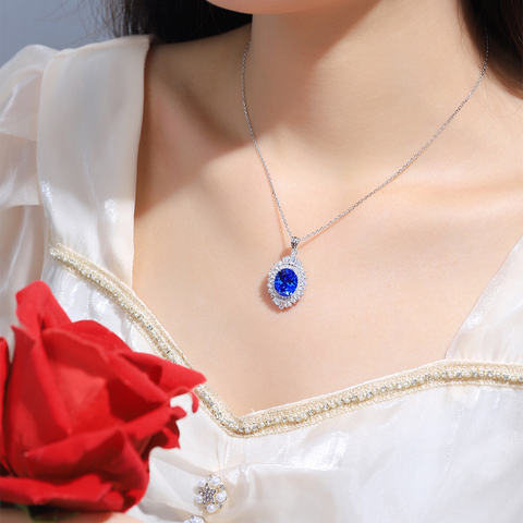 Etoilier Lab Created Cobalt Spinel Necklace, 925 Sterling Silver Pendant Oval Cut