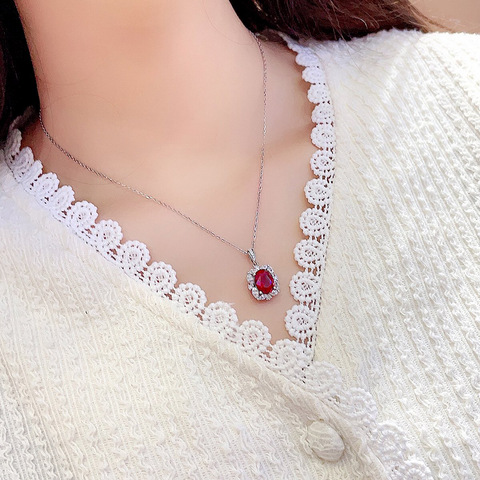 Etoilier Lab Created Ruby Necklace, 925 Sterling Silver Pendant Oval Cut