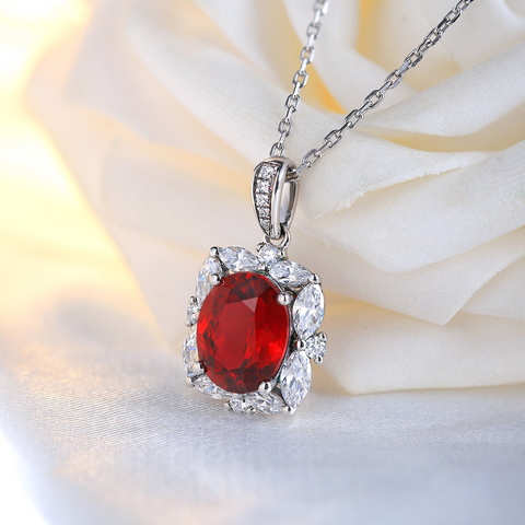 Etoilier Lab Created Ruby Necklace, 925 Sterling Silver Pendant Oval Cut