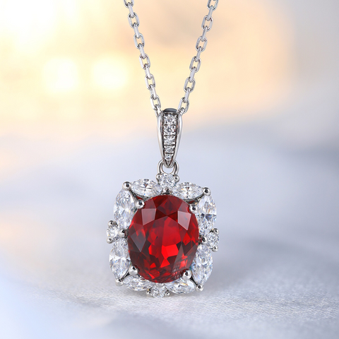 Etoilier Lab Created Ruby Necklace, 925 Sterling Silver Pendant Oval Cut