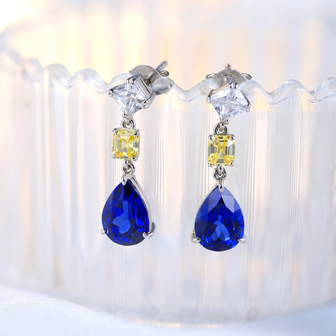 Etoilier Lab Created Sapphire Necklace, 925 Sterling Silver Pear Cut Earring