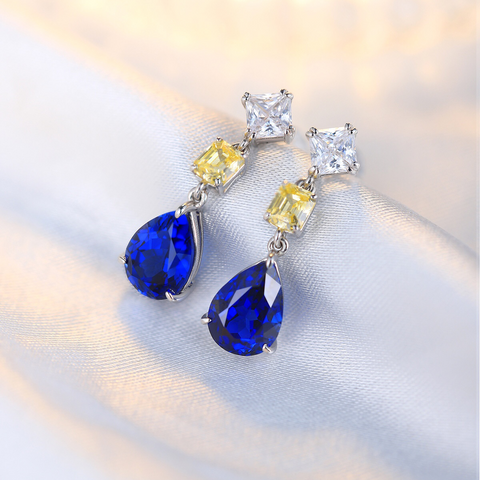 Etoilier Lab Created Sapphire Necklace, 925 Sterling Silver Pear Cut Earring