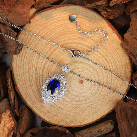 Etoilier Lab Created Sapphire Necklace, 925 Sterling Silver Pendant Oval Cut