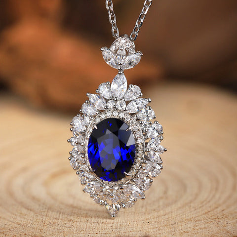 Etoilier Lab Created Sapphire Necklace, 925 Sterling Silver Pendant Oval Cut