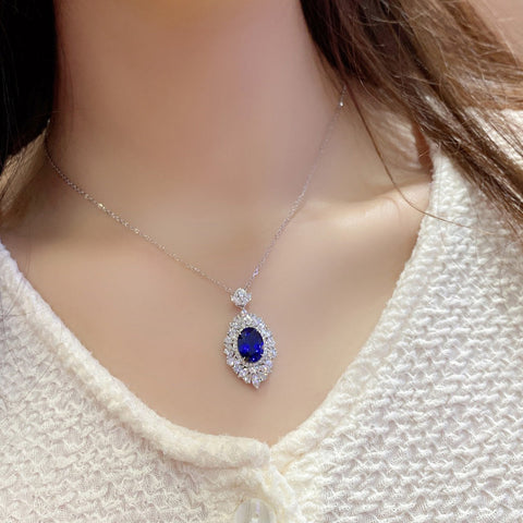 Etoilier Lab Created Sapphire Necklace, 925 Sterling Silver Pendant Oval Cut