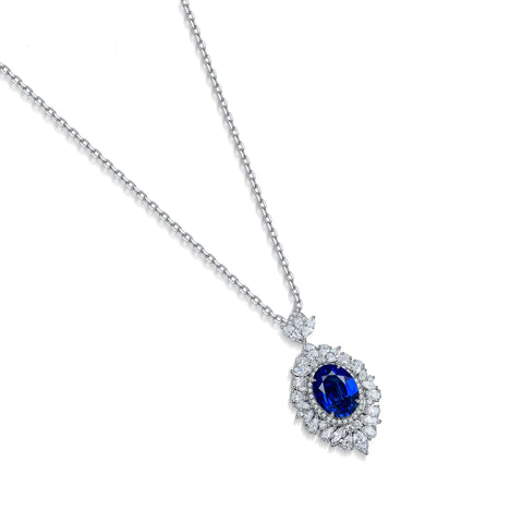 Etoilier Lab Created Sapphire Necklace, 925 Sterling Silver Pendant Oval Cut