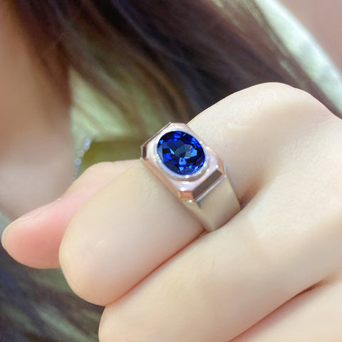 Etoilier Oval Cut Lab Created Sapphire S925 Silver Thick Ring